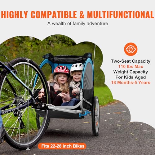 VEVOR Bike Trailer for Toddlers, Kids, 60 lbs Load, Tow Behind Foldable Child Bicycle Trailer with Universal Bicycle Coupler, Canopy Carrier with Strong Carbon Steel Frame for Children, Blue and Gray