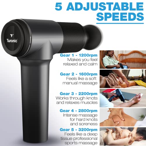 Turonic GM5 Handheld Massage Gun - Deep Tissue Percussion Massager for Muscle Relaxation, 5 Speeds, 7 Heads, Easy-To-Use, Quiet and Powerful for Athletes. Personal Use, Shoulder, Leg, Foot, Back, Body