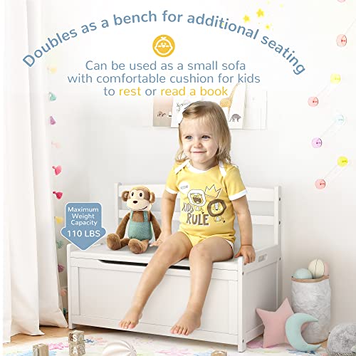 Curipeer Kids Toy Box Chest, Gray Rubber Wood Toy Box for Boys Girls, Large Storage Cabinet with Cushion Seat Bench/Flip-Top Lid/Safety Hinge, Toy Storage Organizer Trunk for Nursery, Playroom