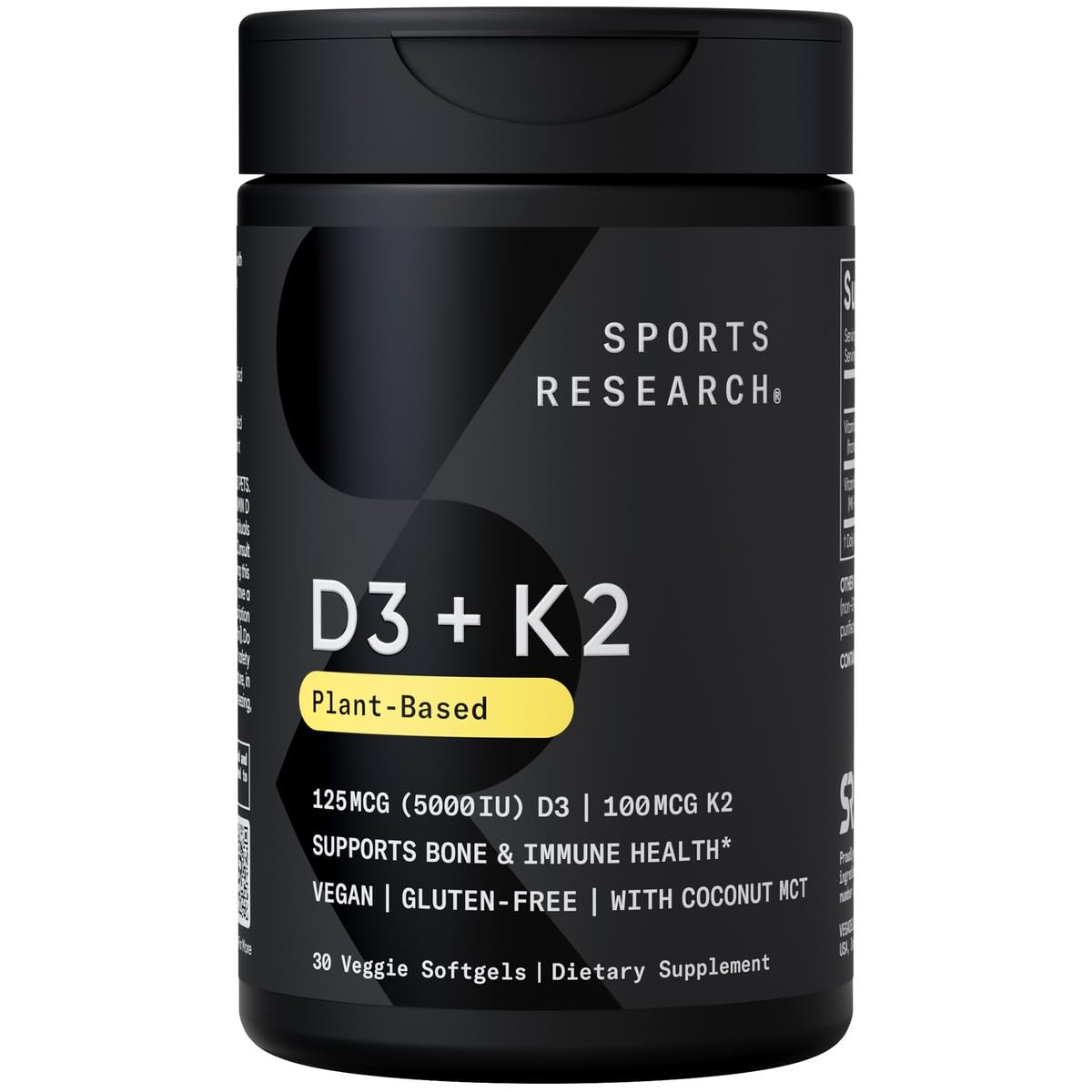 Sports Research Vitamin D3 K2 with Coconut Oil | Plant Based Vitamin K2 MK7 + Vegan D3 5000iu for Bone & Immune Health | Vegan Certified, Soy & Gluten Free - 30 Count Softgels