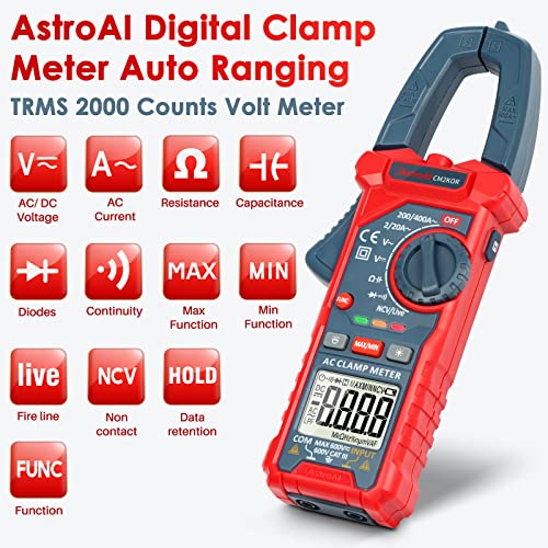 AstroAI Digital Clamp Meter Multimeter 2000 Counts Amp Voltage Tester Auto-ranging with AC/DC Voltage, AC Current, Resistance, Capacitance, Continuity, Live Wire Test, Non-Contact Voltage Detection