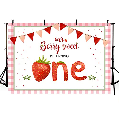 ABLIN 7x5ft Sweet Strawberry 1st Birthday Backdrop for Girls Berry Sweet Baby Girl 1st Birthday Decorations Banner Pink Stripe Red Pennant Photography Background Wall Decor Props