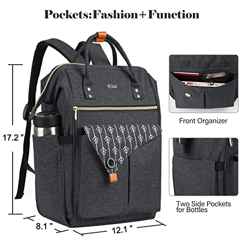 RJEU 17.3 Inch Travel Laptop Backpack for Women, College School Backpack with USB Port Charging, Water Resistant Casual Sturdy Computer Bag Gifts for Women Girls, Black