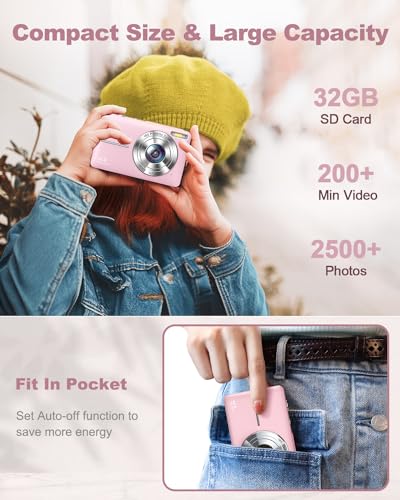 Digital Camera, FHD 1080P Kids Camera, 44MP Point and Shoot Digital Cameras with 32GB Card, 16X Digital Zoom, Anti Shake, Compact Small Cameras for Boys Girls Teens Students, Black