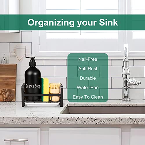 TEZZ Sponge Holder for Kitchen Sink- Stainless Steel Kitchen Sink Caddy for Organizing Sponge, Brush & Soap Dish Dispenser, Kitchen Sink Organizer Rack with Adhesive or Counter top, Black