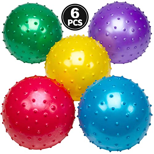 Bedwina Knobby Balls - (Pack of 6) Bulk 7 Inch Sensory Balls and Spiky Massage Stress Balls, with Pump, Fun Bouncy Ball Party Favors, Stocking Stuffers for Kids, Toddlers