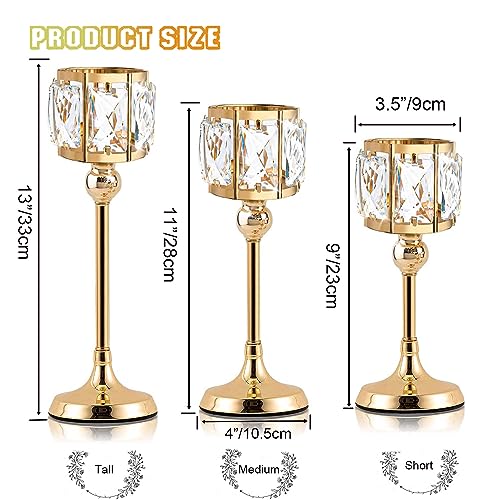 Set of 3 Cup Crystal Tealight Candle Holders, Centerpieces for Table Wedding Centerpieces Crystal Decorative Tealight Candle Dining Table Candle Holder Decor for Party (8.7"+10.6"+12.2", Gold)