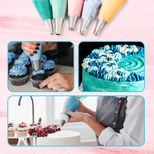 Riccle Piping Bags and Tips Set, 11.8 Inch 100 Anti Burst Piping Bags, 124 Pcs Cake Decorating Kit with 16 Piping Tips, 1 Reusable Pastry Bags, 3 Cake Scrapers, 2 Couplers, and 2 Icing Bags Ties