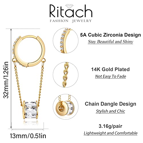 Ritach 925 Sterling Silver Small Huggie Hoop Earrings for Women Trendy 14K Gold Plated Chain Hoop Flower Dangle Drop Earrings