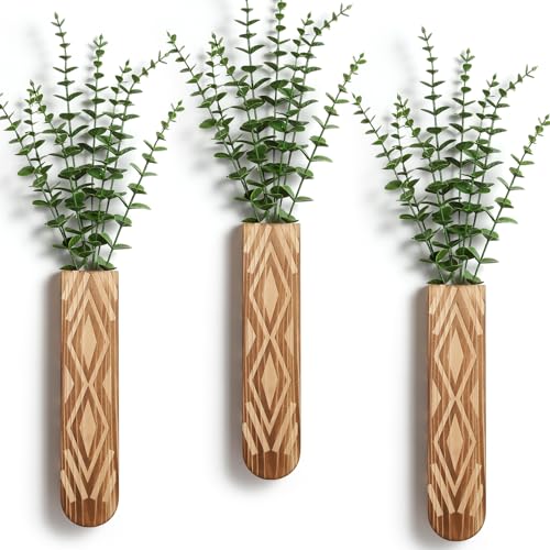 Wall Planter for Indoor Plants, 3 Pack Geometric Hanging Planter, Wood Wall Vase for Decor Artificial Flower Plants, Boho Wall Decor for Living Room, Bedroom