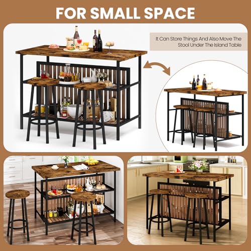 DKLGG Dining Table Set for 2 with Storage, Modern Kitchen Island with Seating 3 Piece Kitchen & Dining Room Sets Island Table for Small Space, Apartment, Home Bar, Brown