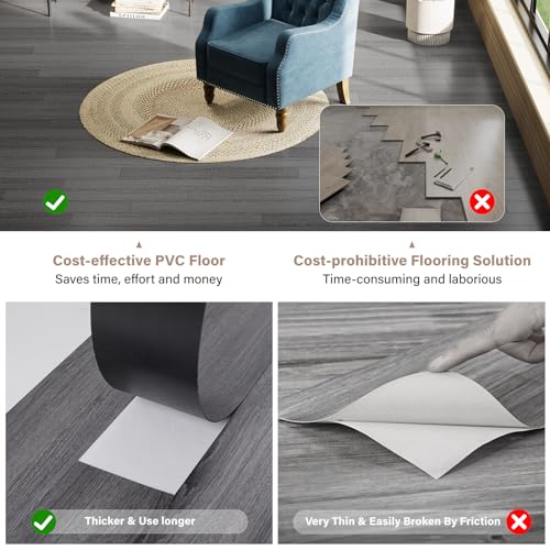 Peel and Stick Floor Tile, INMOZATA 36-Pack 54 Sq.Ft Self Adhesive Vinyl Plank Flooring Wood Grain Look 36x6 Inch Waterproof Tile Sticker for Bedroom, Living Room, Kitchen, RV (Dark Gray)
