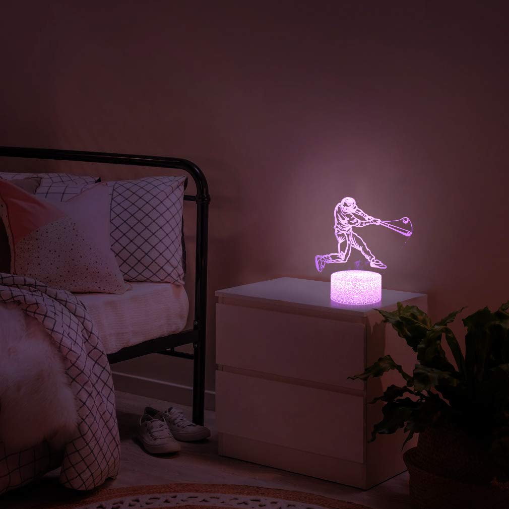 SEVEN LADY Baseball Man 3D Lamp Night Light with Remote & Touch Control,Multiple Colour Brightness Adjusted Batteries Powered Gifts for Boys Girls (Baseball Man-2)