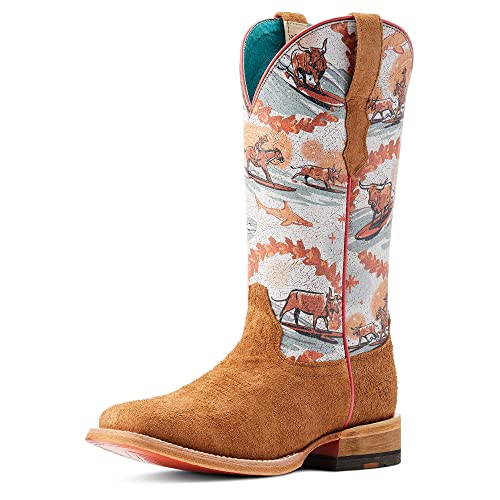 Ariat Womens Frontier Western Aloha Western Boot Rusty Roughout/Surfing Longhorn Print 6