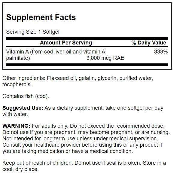 Swanson Vitamin A 10,000 IU (3,000 mcg RAE) Natural Nourishment for Bone, Skin Health, Vision Support & Immune System Function - High Absorption Vitamin A 250 Softgels