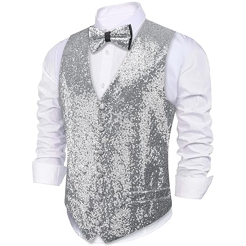 Barry.Wang Mens Black Vest V-neck Silm Fit Suit Waistcoat Bowtie Set Party Prom Tuxedo
