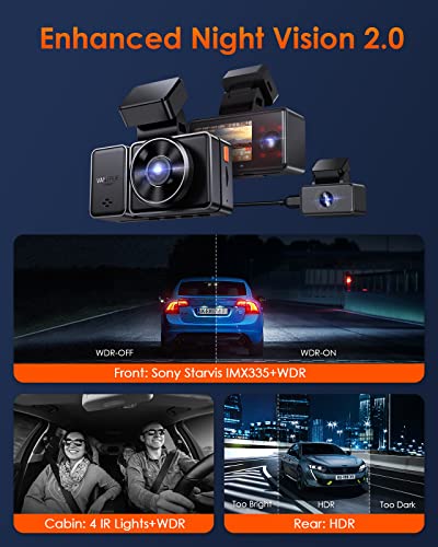 Vantrue E3 3 Channel 2.7K WiFi Dash Cam with GPS, Voice Control, Starvis IR Night Vision, 24 Hour Buffered Parking Mode, 3 Way 1944P+1080P+1080P Front and Rear Inside Dash Camera, Support 512GB Max