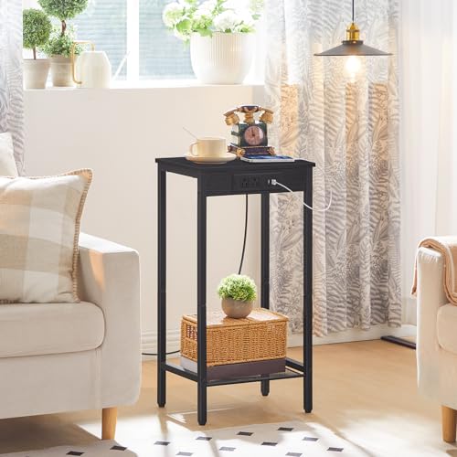 HOOBRO Tall Side Table with Charging Station, 28.7" H Industrial Telephone End Table, Small Entryway Table, Tall Bedside Table for Living Room, Hallway, Bedroom, Office, Black BB08UDH01