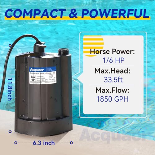 Acquaer 1/6 HP Automatic Submersible Water Pump, 115V Sump Pump with 3/4” Garden Hose Check Valve Adapter,1850 GPH High Flow Water Removal for Swimming Pool Cover Hot Tubs Flooded House Basement
