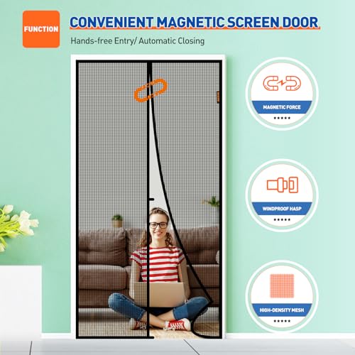 MAGZO Magnetic Screen Door Fit Door Size 40 x 96 Inch, Screen Size 42" x 97" Fiberglass Door Mesh with Full Frame Hook&Loop Heavy Duty-Black