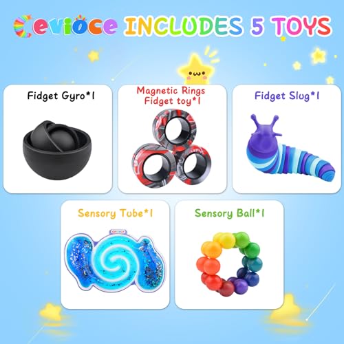 Cevioce 5Pcs Fidget Toys Adults Pack,Autism Sensory Toys with Fidget Spinner Slug Magnetic Rings,Squishy Figette Toys,Cool Gadget for Boys Teens ADHD Stress Relief,Basket Stuffers for Kids Christmas