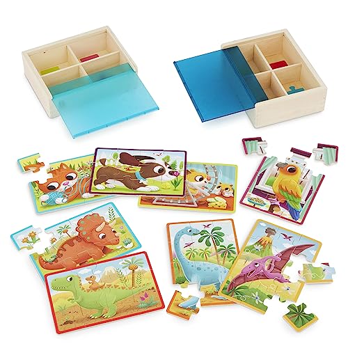 B. toys- Pack o' Puzzles 2-Pack - Pets & Dinos- Wooden Puzzle Box Set – 2 Puzzle Boxes, 8 Puzzles- 12-Piece Jigsaw Puzzles for Kids – 3 Years +