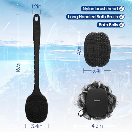 VWMYQ Silicone Back Scrubber for Shower, Bath Body Brush with Long Handle, Double Sided Shower Brush for Shower Exfoliating and Massage Can Produce Rich Foam, Long Handle Back Scrubber for Men