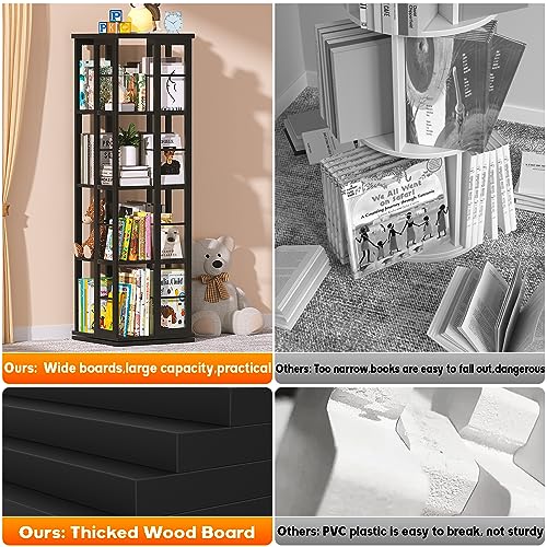 Aheaplus Rotating Bookshelf, Corner Bookshelf, 360 Display Wood Spinning Bookshelf, Floor Standing Bookcase Narrow Shelf Revolving Organizer Storage Rack for Small Space, Bedroom, Study Room, Black