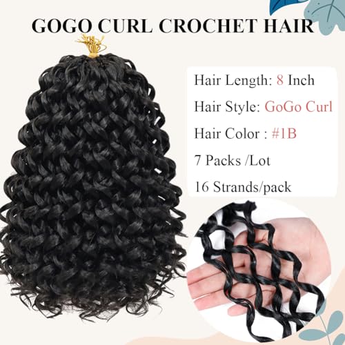 GoGo Curl Crochet Hair 7 Packs Water Wave Crochet Hair for Women 8 Inch Short Curly Crochet Braids Hair Deep Wave Braiding Hair for Boho Braids (8 Inch, 1B)