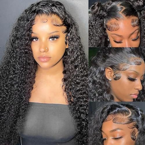 13x4 Lace Front Wigs Human Hair Deep Wave Lace Frontal Wigs 180% Density Glueless Brazilian Virgin Hair Pre Plucked with Baby Hair Natural Hairline HD Lace Wigs for Women Natural Black Color 18 Inch