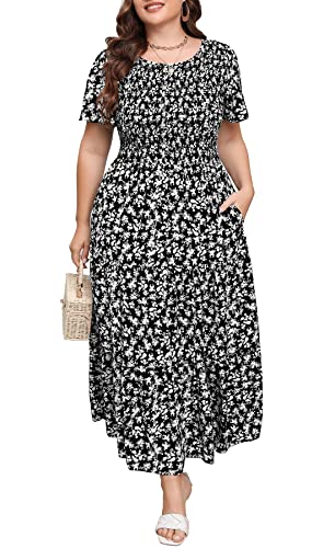 Younrui Womens Plus Size Long Maxi Dress with Pockets Floral Smocking Flutter Sleeves Tiered Layers Casual Dresses