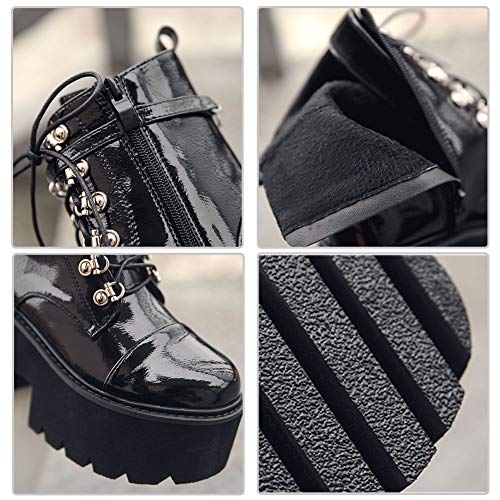 CYNLLIO Fashion Block Heel Platform Chain Combat Ankle Booties Women's Lace up Studded Motorcycle Boots Mid Calf Goth Boots