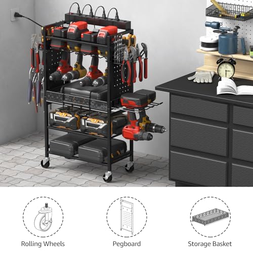 CCCEI Power Tool Organizer Cart with Charging Station, Garage Floor Rolling Storage Large Cart on Wheels for Mechanic, Mobile 6 Drill, Tool Box Utility Cart with Battery Charging Power Strip, Black.