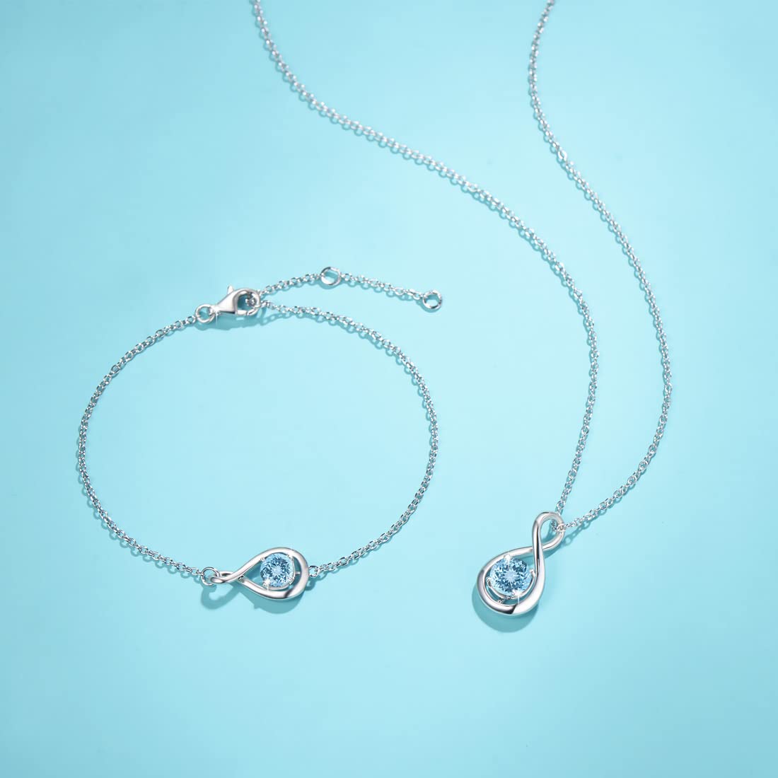 FANCIME Aquamarine Necklace March Birthstone for Women Sterling Silver Infinity Pendant Blue Gemstone Fine Jewelry Birthday Anniversary Valentine's Day Gifts for Her Daughter Wife, Chain 16+2"