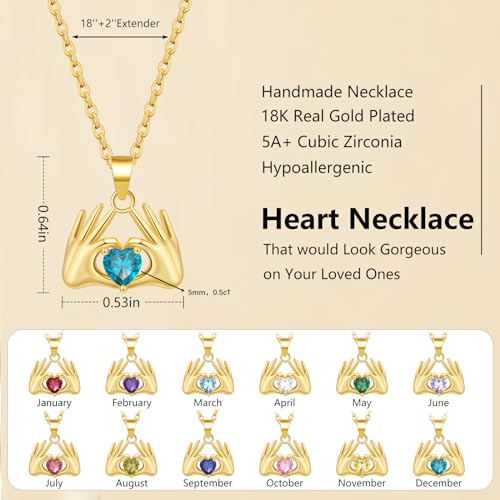 O.SECERT Birthstone Necklace for Women,18K Gold Heart Pendant Necklace Dainty Hand Heart Birthstone Necklace February Heart Birthstone Necklaces Jewelry for Women Trendy