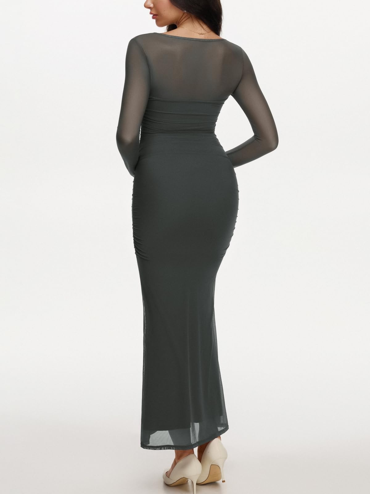 REORIA Long Sleeve Wedding Guest Maxi Dresses for Women Sheer Mesh Square Neck Ruched Bodycon Long Dress 2025 Fall Outfits Thyme Medium