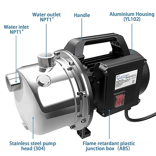 Lanchez 1 HP Shallow Well Pump，Garden Pump, Portable Stainless Steel Water Transfer Draining Irrigation Jet Pump for Water Removal, Lawn Fountain Pump 1294 GPH 147 Feet Height