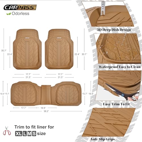 CAR PASS Tire Tread DeepDish Rubber Floor Mats for car Heavy Duty car mats All Weather, Universal XL~M Trim to Fit for Truck SUV Vehicle Automotive, Waterproof car mats 3 Piece Solid Beige