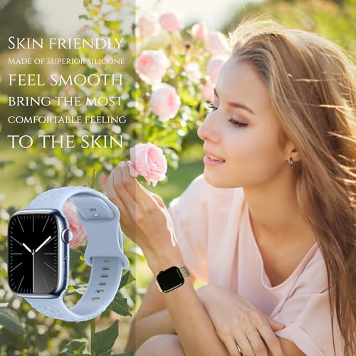 Engraved Floral Watch Band Compatible for Apple Watch Band 38mm 40mm 41mm 42mm 44mm 45mm 49mm Women, 3D Soft Silicone Cute Embossed Flower Watch Strap for iWatch Band Series 9 8 7 6 5 4 3 2 1 SE Ultra