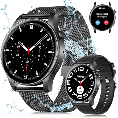 Smart Watch (Answer/Make Calls), Ultra Thin 1.43’’ AMOLED Smart Watches for Men Women, 100+ Sport Modes Fitness Tracker with Blood Oxygen/Heart Rate Monitor, IP68, Android IOS(with 2 bands)(Black)