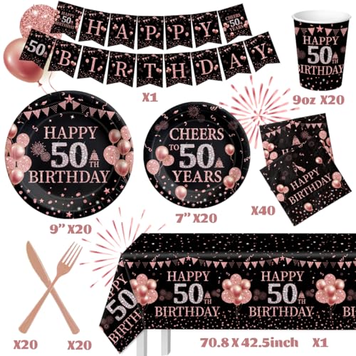 142Pcs Rose Gold 50th Birthday Decorations-Happy 50th Birthday Disposable Tableware for Women Rose Gold Birthday Plates and Napkins Set Serves 20 Guests