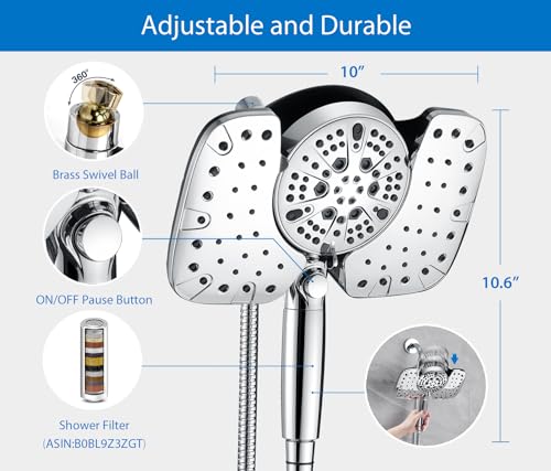 INAVAMZ 2-IN-1 Shower Heads with Handheld Spray Combo: 7.5 Inch Rain Shower Head & 10 Settings Hand Held Shower Head, Detachable Shower Head with Hose