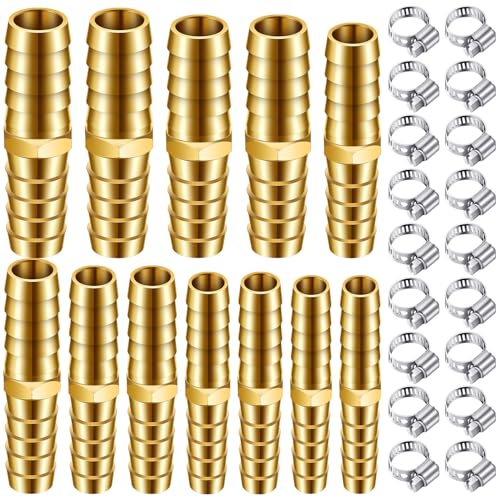 Yaocom 12PCS Brass Hose Barb Union Fitting Barb Splicer Mender Joiner Hose Fitting with 18PCS Stainless Steel Pipe Hose Clamp for Air/Water/Fuel/Oil, 3/16 1/4 5/16 3/8 1/2 5/8 Inch (Brassy,L Fitting)