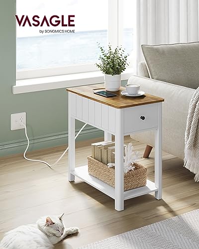 VASAGLE Side Table with Charging Station, End Table with USB Ports and Outlets, Nightstand with Storage, for Living Room, Bedroom, Modern Farmhouse Style, Rustic Walnut and White ULET318T14V1