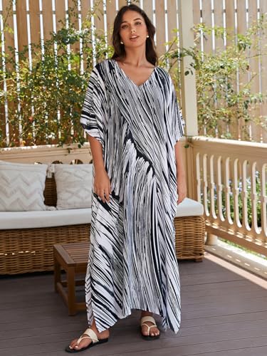 IMAGEKOPE Women's Plus Size Loose Fit Moroccan Print V-Neck Batwing Kaftan Beach Dress Bathing Suit Cover Up