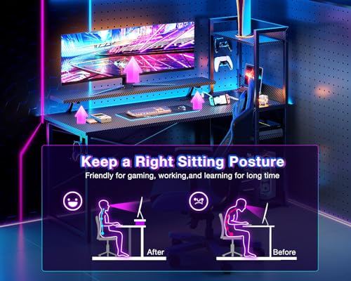 ODK Reversible Gaming Desk with USB Charging Port and LED Lights, 40 Inch Computer Desk with Storage Shelves & Monitor Stand, Study Table for Home Office, Small Space Bedroom, Carbon Fiber Black