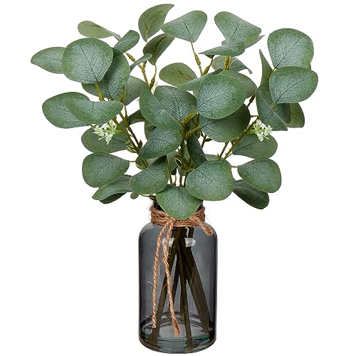 Briful Artificial Eucalyptus Stems in Amber Glass Vase with Faux Water, 14" Fake Plant Eucalyptus Leaves for Home Office Farmhouse Wedding Centerpiece Décor