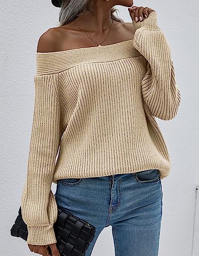 KIRUNDO 2024 Fall Winter Women's Off Shoulder Sweater Long Sleeve Cold Shoulder Ribbed Knit Sweaters Pullover Jumper Tops(Apricot, Small)