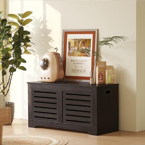 DINZI LVJ Storage Chest, Flip-Top Wooden Toy Box with 2 Safety Hinges, Entryway Shoe Storage Bench, Sturdy Large Storage Trunk for Living Room, Bedroom, Easy Assembly, Espresso