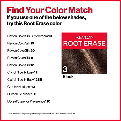 Revlon Permanent Hair Color, Permanent Hair Dye, At-Home Root Erase with Applicator Brush for Multiple Use, 100% Gray Coverage, Black (3), 3.2 Fl Oz